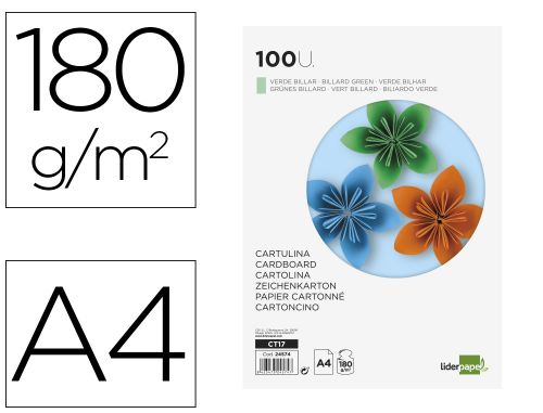 Cartolina liderpapel din a4 180 gr verde pack de 100 unidades , Liderpapel , 24574 , 8423473245747